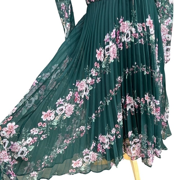 Marchesa Notte Emerald Floral Chiffon Dress Blouson Sleeve Pleated Skirt NWT - Picture 7 of 15